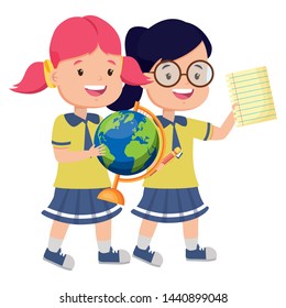 happy girls student with map and sheet back to school vector illustration
