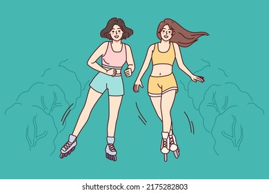 Happy girls in summer wear riding in park on rollers. Smiling women roller skaters have fun relax outdoors. Flat vector illustration. 