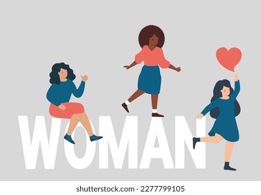 Happy girls support each other with love. Three women from different ethnicities and cultures stand side by side together. Concept of feminist movement, Sisterhood, friendship and Women's day. Vector