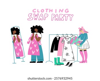 Happy girls swap clothes at swap party. Clothes swap party vector hand drawn illustration.