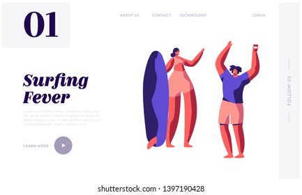 Happy Girls in Swim Wear Holding Surf Boards and Relaxing on Beach. Summer Party, Sports Recreation, Vacation, Leisure Resort Website Landing Page, Web Page. Cartoon Flat Vector Illustration, Banner