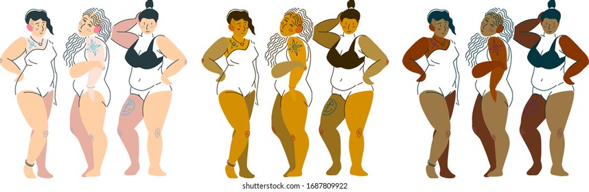 Happy girls in swimsuits. Body positive movement and beauty diversity with diffwerent skin color. Flat illustration for web design isolated on white background.