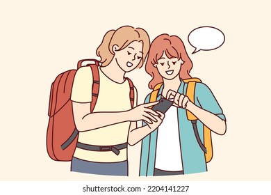 Happy girls travelers with backpacks looking at map on smartphone. Smiling female tourists using cellphone GPS in trip. Travel and technology. Vector illustration. 