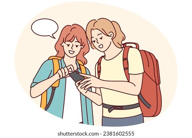 Happy girls travelers with backpacks looking at map on smartphone. Smiling female tourists using cellphone GPS in trip. Travel and technology. Vector illustration.