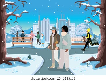 Chicas felices que caminan en parque de la ciudad del invierno, niños que juegan en nieve y muchacha atlética que corre. Estilo de vida activo. Belleza de la naturaleza invernal. Ilustración vectorial sobre fondo abstracto.