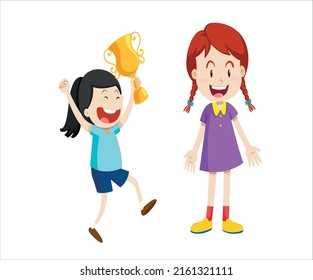 Happy girls win the cup character