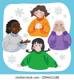 Happy girls in winter wearing sweaters. People of color teenage representation. Hand drawn style vector illustration.