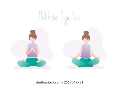 Chicas felices en pose de yoga, meditación lotus asana en hatha yoga, carácter humano simple, deporte y fitness, Ilustración vectorial plana