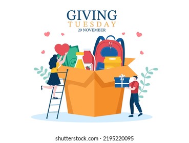 Happy Giving Tuesday Celebration with Give gifts to Encourage People to Donate in Hand Drawn Cartoon Flat Illustration