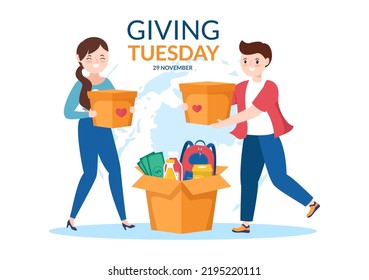 Happy Giving Tuesday Celebration with Give gifts to Encourage People to Donate in Hand Drawn Cartoon Flat Illustration