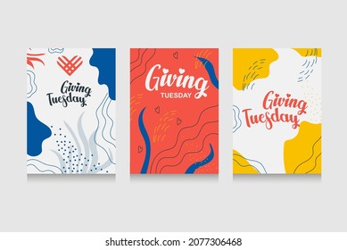 Happy Giving Tyesday. Trendy abstract art templates with hand, logo, dots. Set of flat backgrounds for social media, stories, banners, invitation card, poster, greeting card, header for website