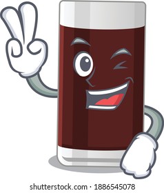 Happy glass of chocolate cartoon design concept show two fingers. Vector illustration