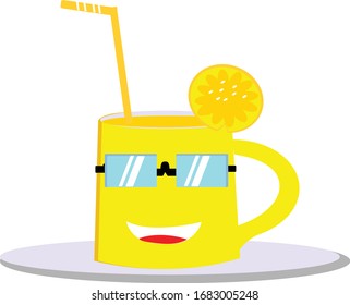 happy glass icon vector, glass icon filled with lemon juice with a smiling face cartoon illustration
