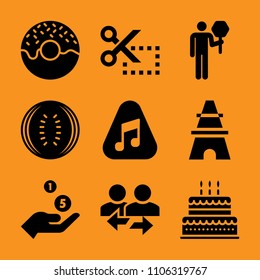 happy, glazed, computer, french, global and candles icon vector set. Flat vector design with filled icons. Designed for web and software interfaces