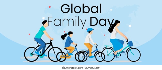 Happy global family day with active family vacation on bicycles.