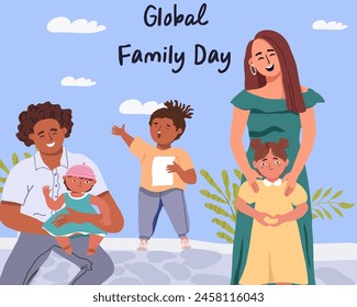 Happy Global Family Day Celebration Vector Template Design Illustration. Family with three children, large family with mom and dad, have fun together.