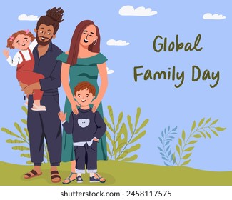 Happy Global Family Day Celebration Vector Template Design Illustration. A family with two children, a girl and a boy, with their parents having fun together.
