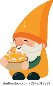 Feliz Gnome Desfrutando de uma tigela de laranjas
