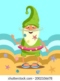 Happy gnome on the beach. Vector illustration for poster, print and design.