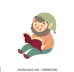 Happy gnome reading a book. Child illustration isolated on white background with a smiling leprechaun sitting. Vector illustration.