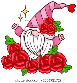 Happy Gnome with Roses in Valentines illustration by hand drawn.