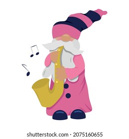 Happy gnome saxophonist playing saxophone