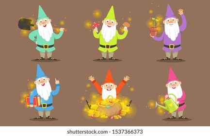 Happy Gnomes Set, Bearded Gnomes Characters with Tools for Getting Gold, Crystals and Precious Stones Vector Illustration