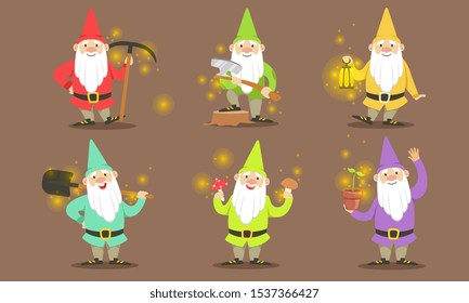 Happy Gnomes Set, Bearded Gnomes Characters in Colorful Outfits with Tools for Getting Gold, Crystals and Precious Stones Vector Illustration