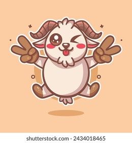 happy goat animal character mascot with peace sign hand gesture isolated cartoon 