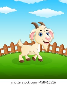 Happy goat cartoon on the field