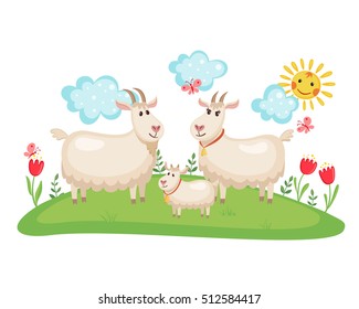 Happy Goat family on a meadow with flowers and butterflies isolated on white background. Farm animal. Goats and goatling in cartoon style. Family concept. Vector illustration.