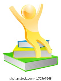 Happy gold book mascot concept with a little man sat on some books with arms up