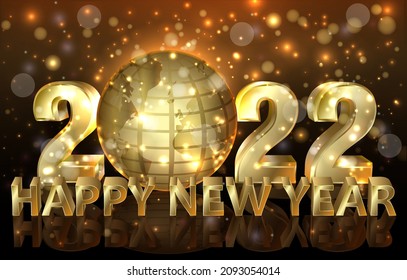 Happy golden 2022 New year banner with planet Earth, vector illustration