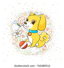 Happy golden cartoon puppy. Cute little dog wearing collar. Vector illustration on patterned background.