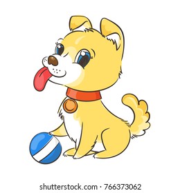 Happy golden cartoon puppy. Cute little dog wearing collar. Vector illustration.