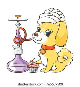 Happy golden cartoon puppy smoking hookah in turban. Cute little dog wearing collar. Vector illustration.