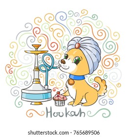 Happy golden cartoon puppy smoking hookah in turban. Cute little dog wearing collar. Vector illustration on patterned background.