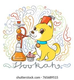 Happy golden cartoon puppy smoking hookah in turban. Cute little dog wearing collar. Vector illustration on patterned background.