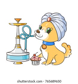 Happy golden cartoon puppy smoking hookah in turban. Cute little dog wearing collar. Vector illustration.