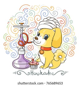 Happy golden cartoon puppy smoking hookah in turban. Cute little dog wearing collar. Vector illustration on patterned background.