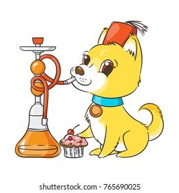 Happy golden cartoon puppy smoking hookah in turban. Cute little dog wearing collar. Vector illustration.