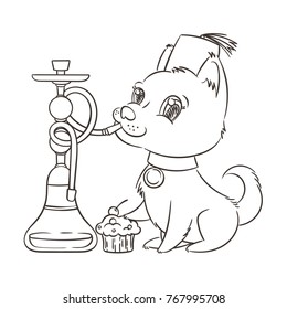 Happy golden cartoon puppy smoking hookah in turban. Cute little dog wearing collar. Vector illustration.