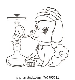 Happy golden cartoon puppy smoking hookah in turban. Cute little dog wearing collar. Vector illustration.