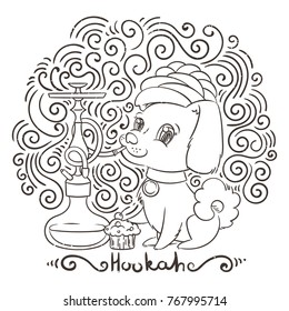 Happy golden cartoon puppy smoking hookah in turban. Cute little dog wearing collar. Vector illustration on patterned background.