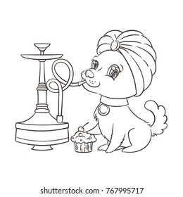 Happy golden cartoon puppy smoking hookah in turban. Cute little dog wearing collar. Vector illustration.