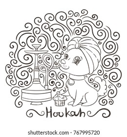 Happy golden cartoon puppy smoking hookah in turban. Cute little dog wearing collar. Vector illustration on patterned background.