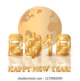 Happy golden dollar new 2019 year background, vector illustration