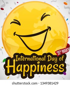 Happy golden globe, celebrating International Day of Happiness this 20th March under a colorful confetti shower, a ribbon with the date and golden greeting sign.
