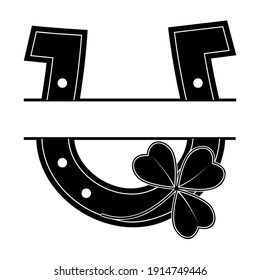Happy golden horseshoe with three-leaf clover for St. Patrick's Day, black stencil, vector isolated illustration on white background in flat style, icon, logo, design, decoration, sticker, print