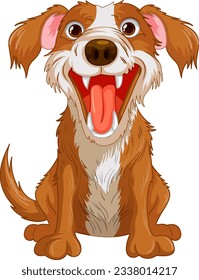 A happy golden retriever dog with its mouth open and sharp teeth, cartoon isolated on white